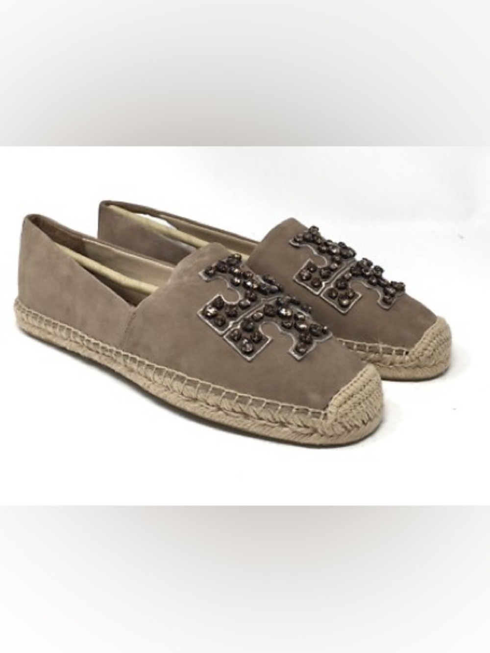 Tory Burch Olive Suede Espadrilles with Black Beaded Logo